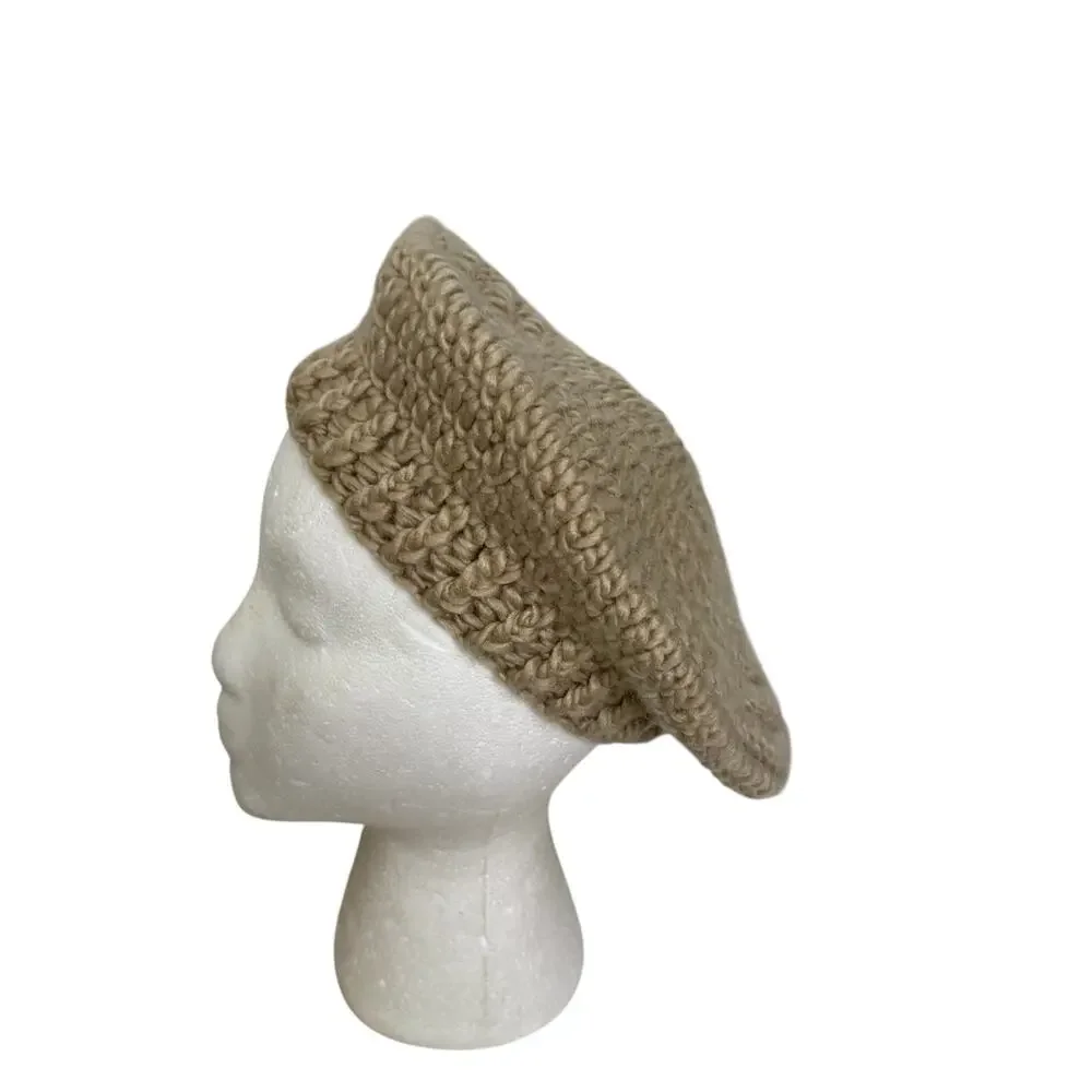 Vintage 1980s Khaki Brown Fall Winter Boho Knit Beret Hat OS - Picture 4 of 8